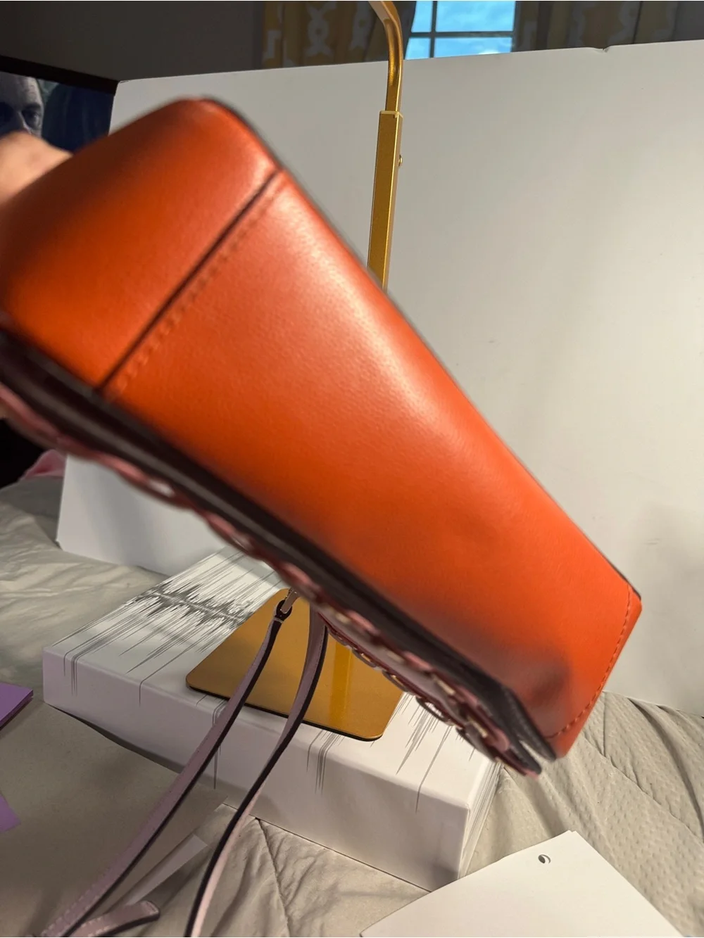kate spade Pink Leather Scalloped Trim Crossbody with orange accents and strap